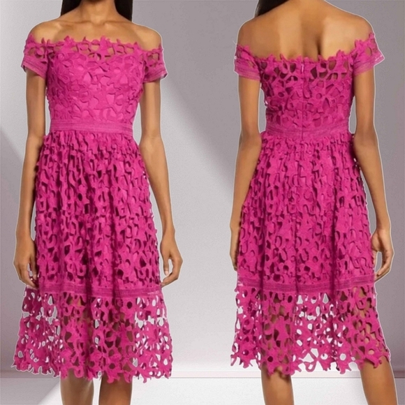 Chi Chi London Bardot Crochet Off-Shoulder Midi Dress In Fucshia Pink Size 12 - Picture 1 of 10